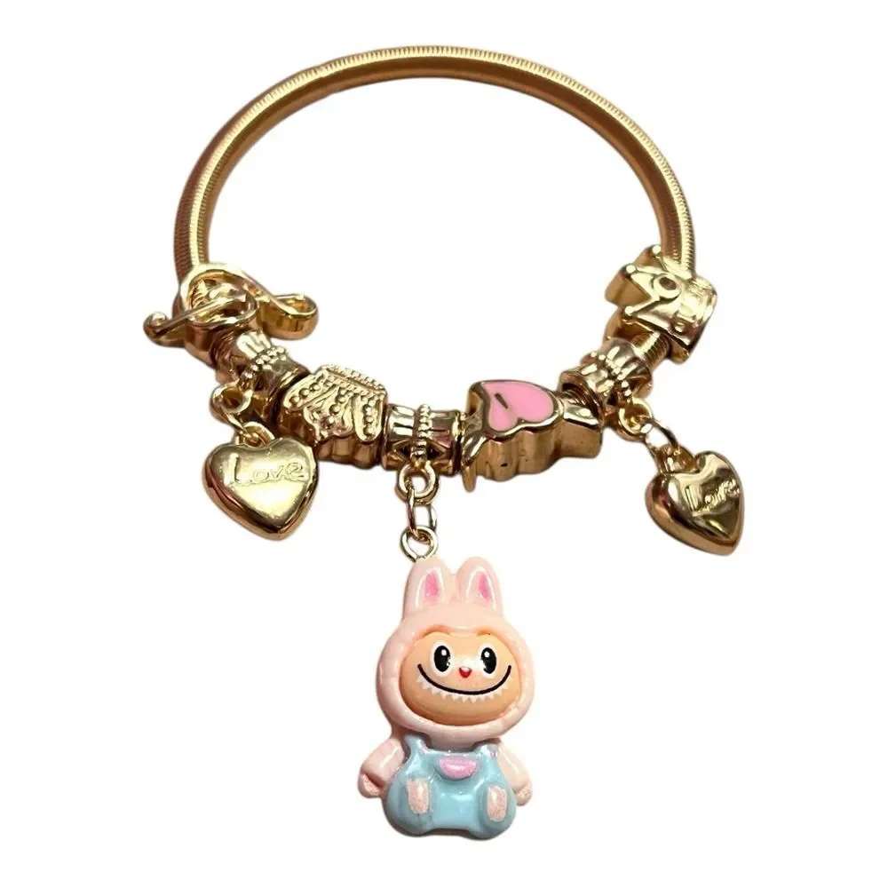 🤯5/$25🤯 Stretchy Pink Labubu Love Heart Crown Note Gold Child’s Charm Bracelet